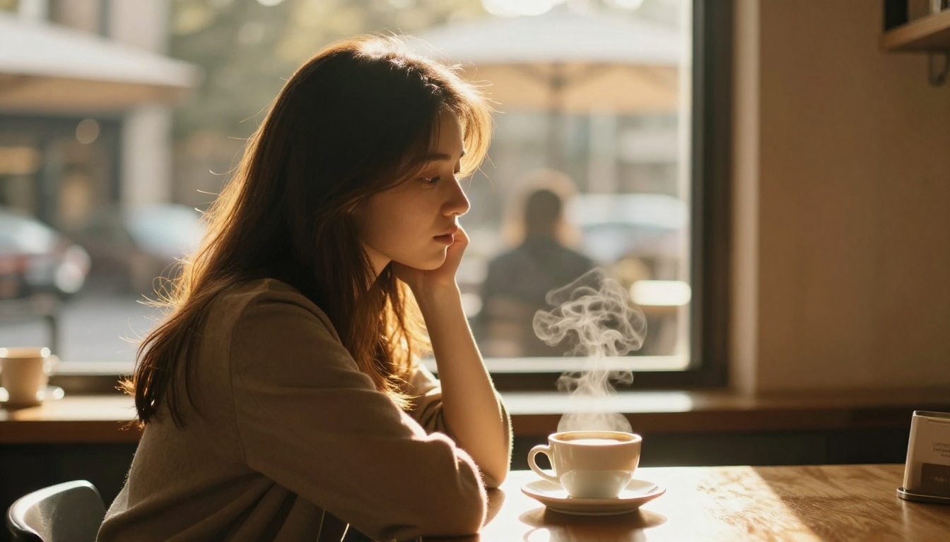 Woman at a café window with warm golden afternoon backlight Woman at a café window with warm golden afternoon backlight