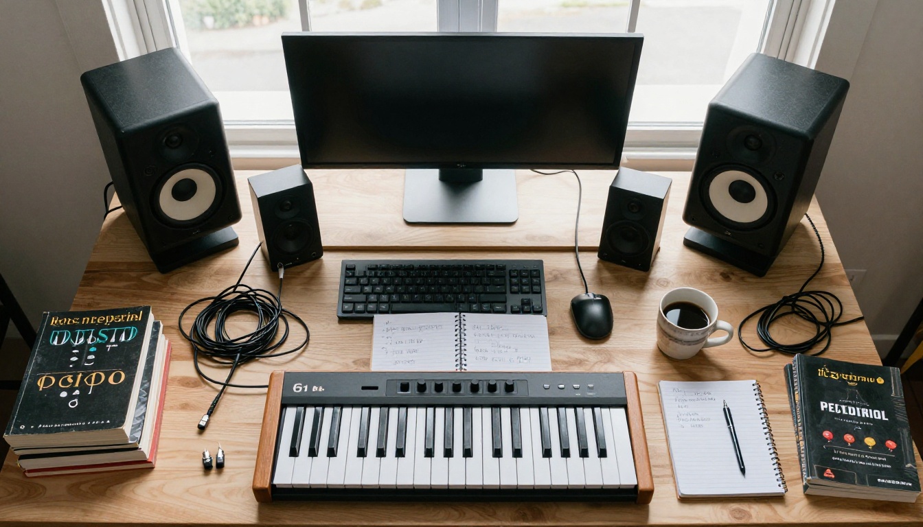 Aerial overhead view of a music producer's organized desk with MIDI keyboard, notebook with chord charts, and studio gear