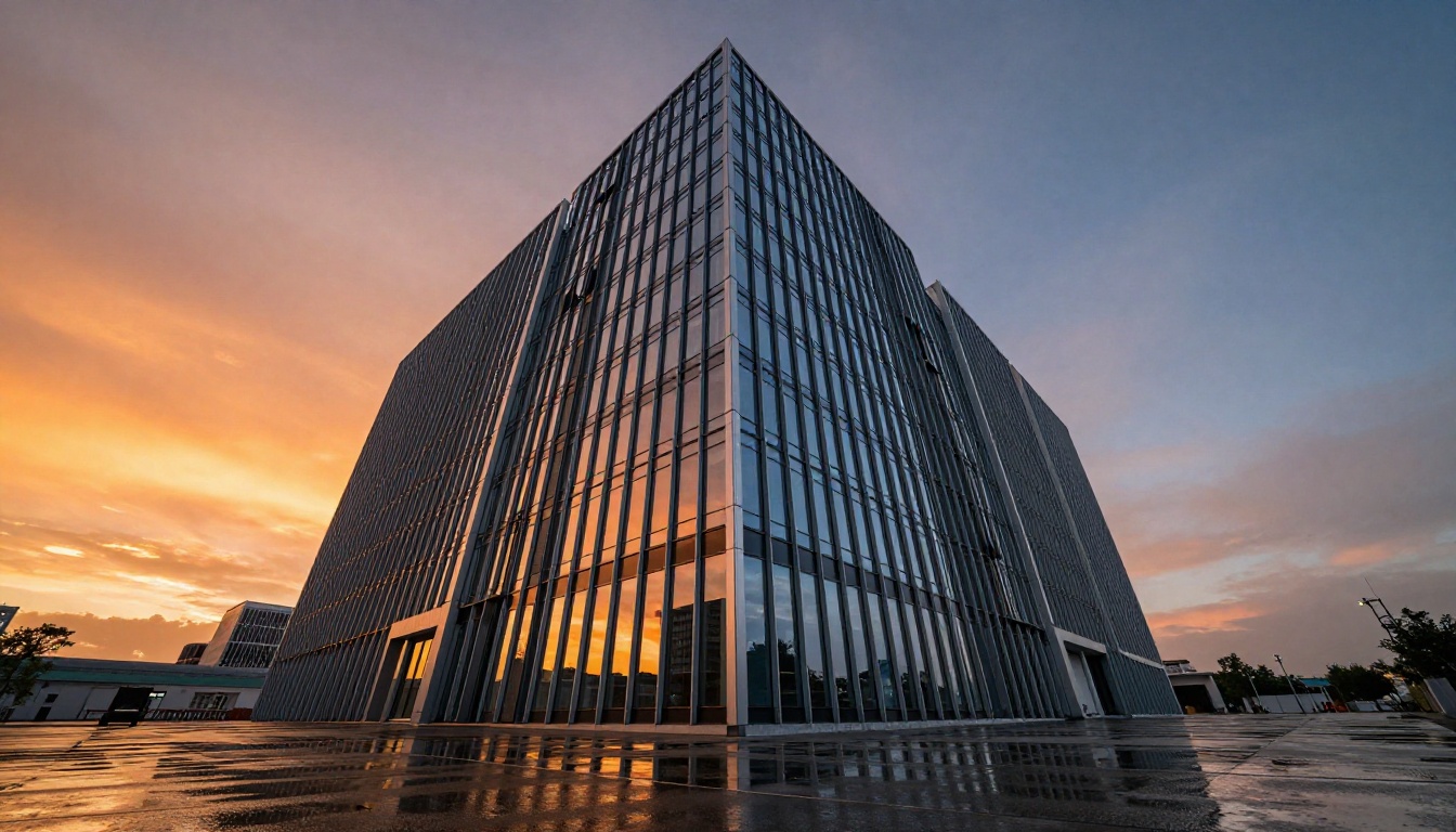 Modern data center building facade at dusk with reflections Modern data center building facade at dusk with reflections