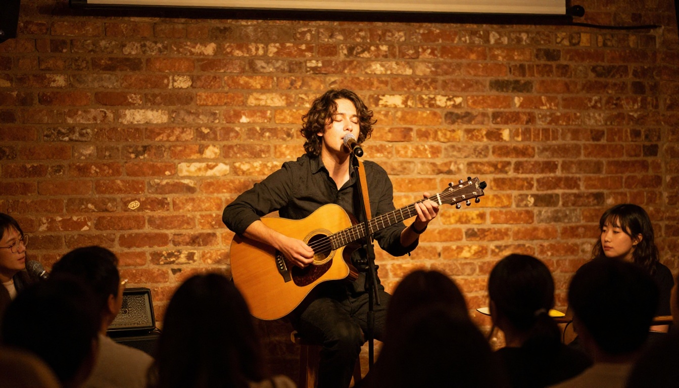 Intimate live performance in a small brick-walled venue with warm amber stage lighting and guitarist mid-song