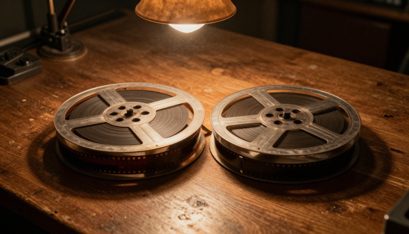 Two vintage film reels side by side on a warm-lit editing table Two vintage film reels side by side on a warm-lit editing table