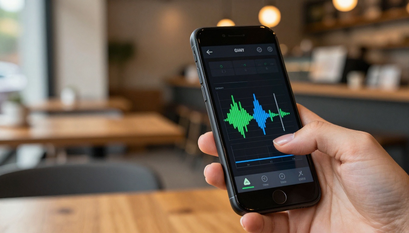 Hand holding a smartphone showing audio waveform interface in a cozy café with natural window light