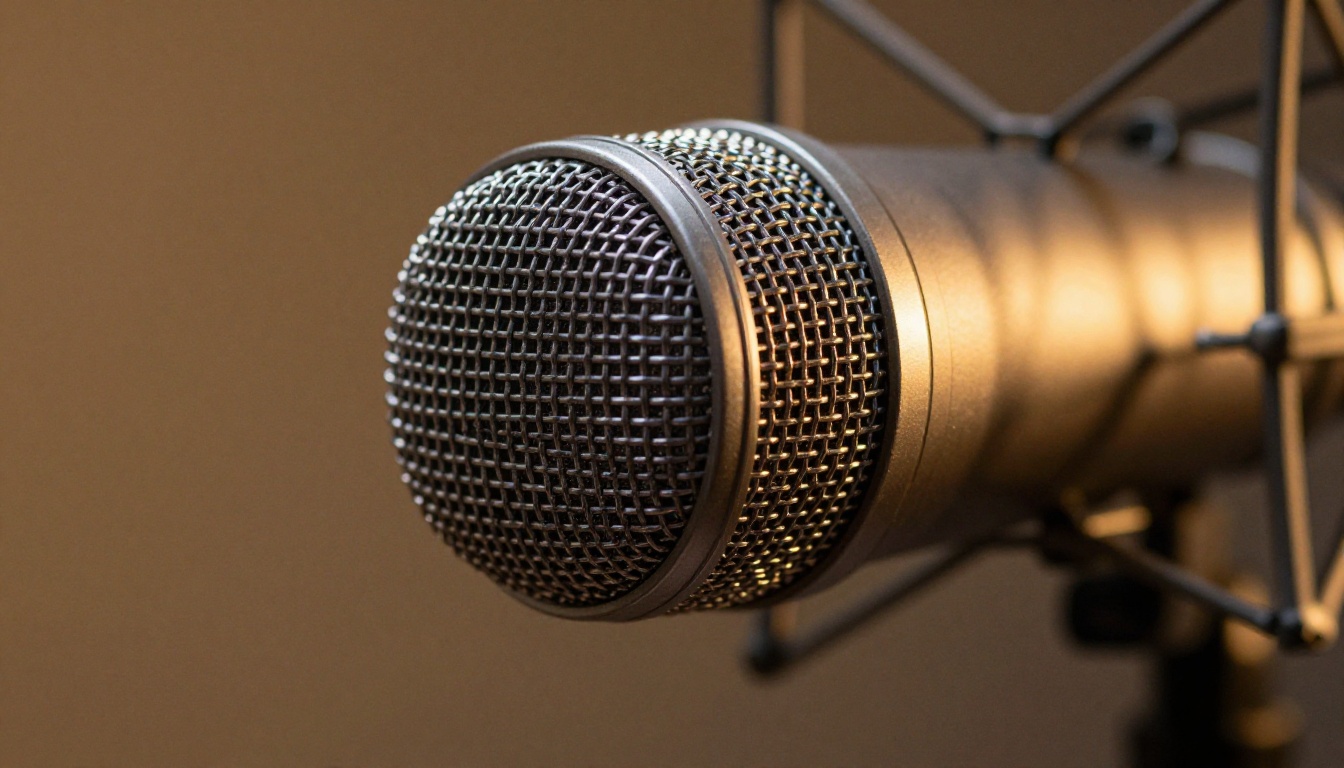 Professional condenser microphone in studio with warm ambient bokeh lighting
