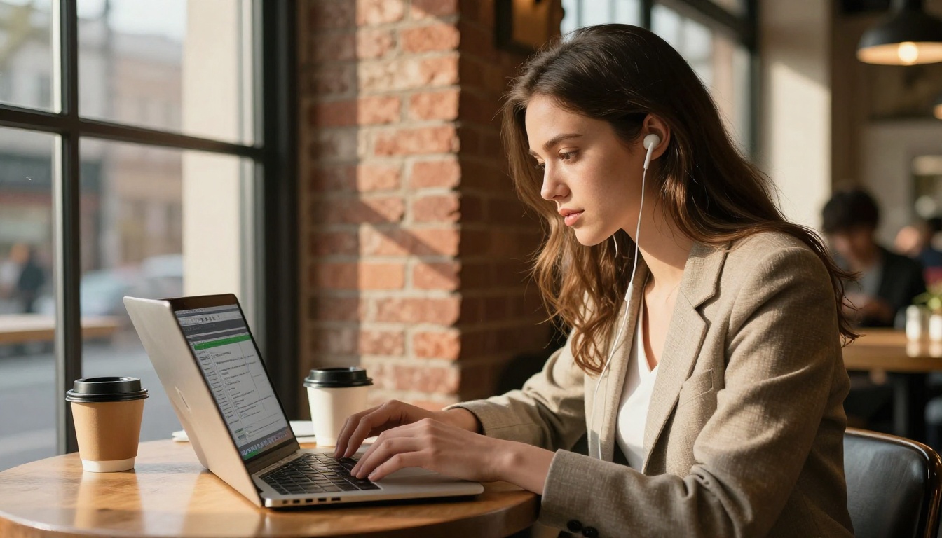 Young professional woman transcribing audio at cafe with laptop and earbuds