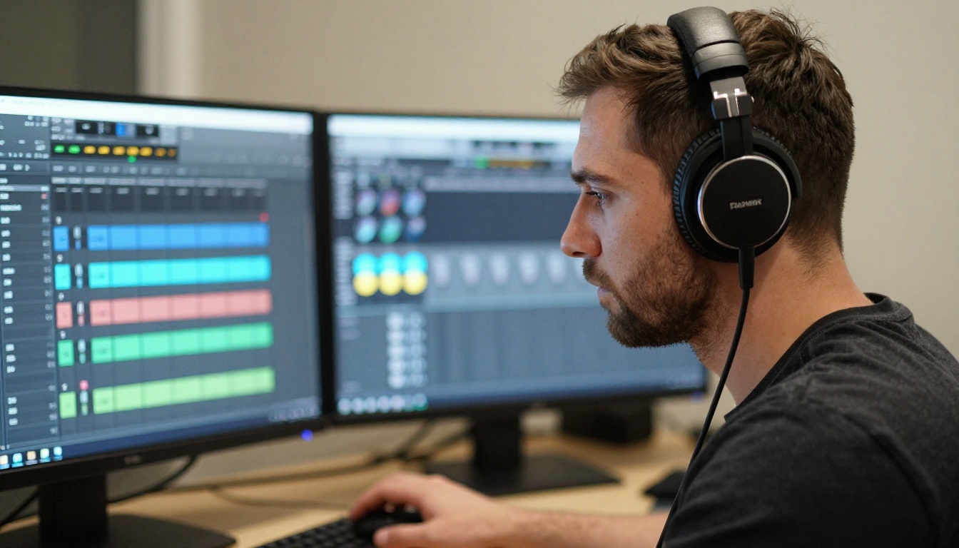 Male music producer in side profile wearing studio headphones with deep focus, monitors showing audio software