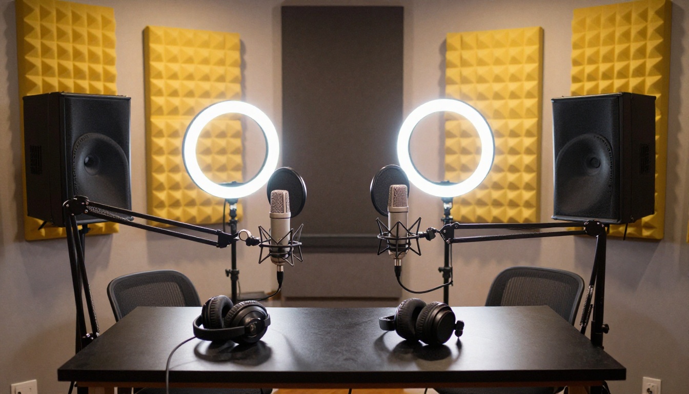 Professional podcast recording studio with two microphones on boom arms facing each other