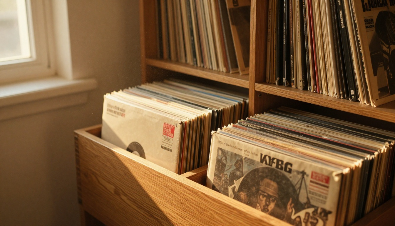 Warm close-up of a vinyl record collection on natural oak shelves with golden morning sunlight and visible dust particles