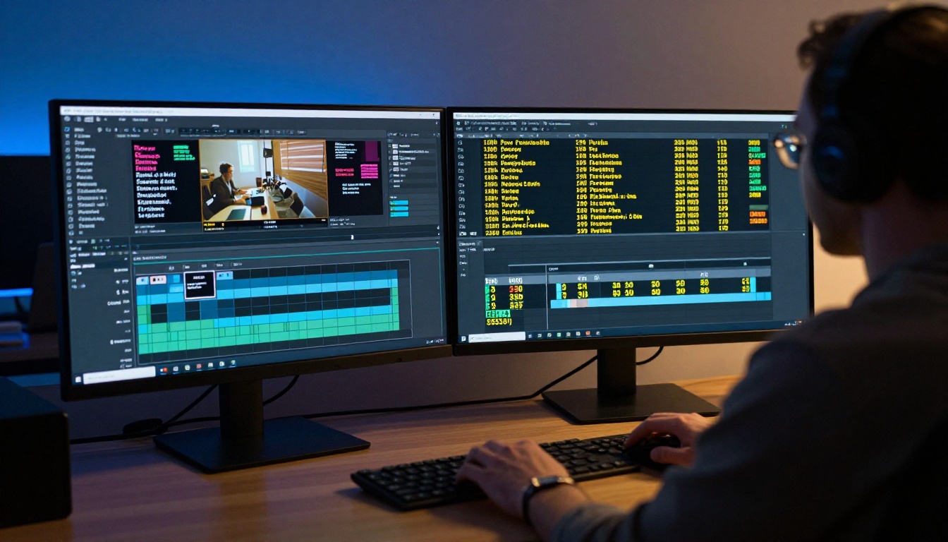 Video editor at dual-monitor workstation adding closed captions to video footage