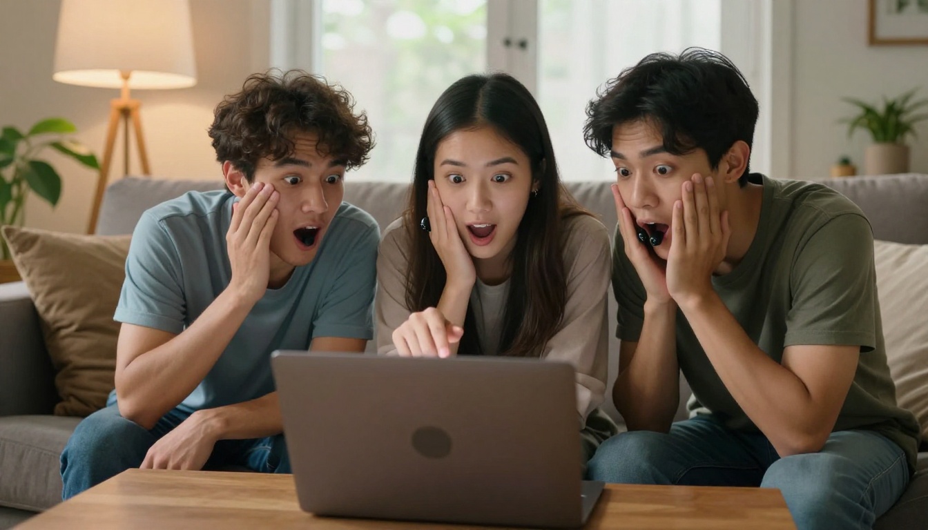 Three friends gathered around a laptop in a living room reacting with genuine delight to AI-generated music playing through speakers