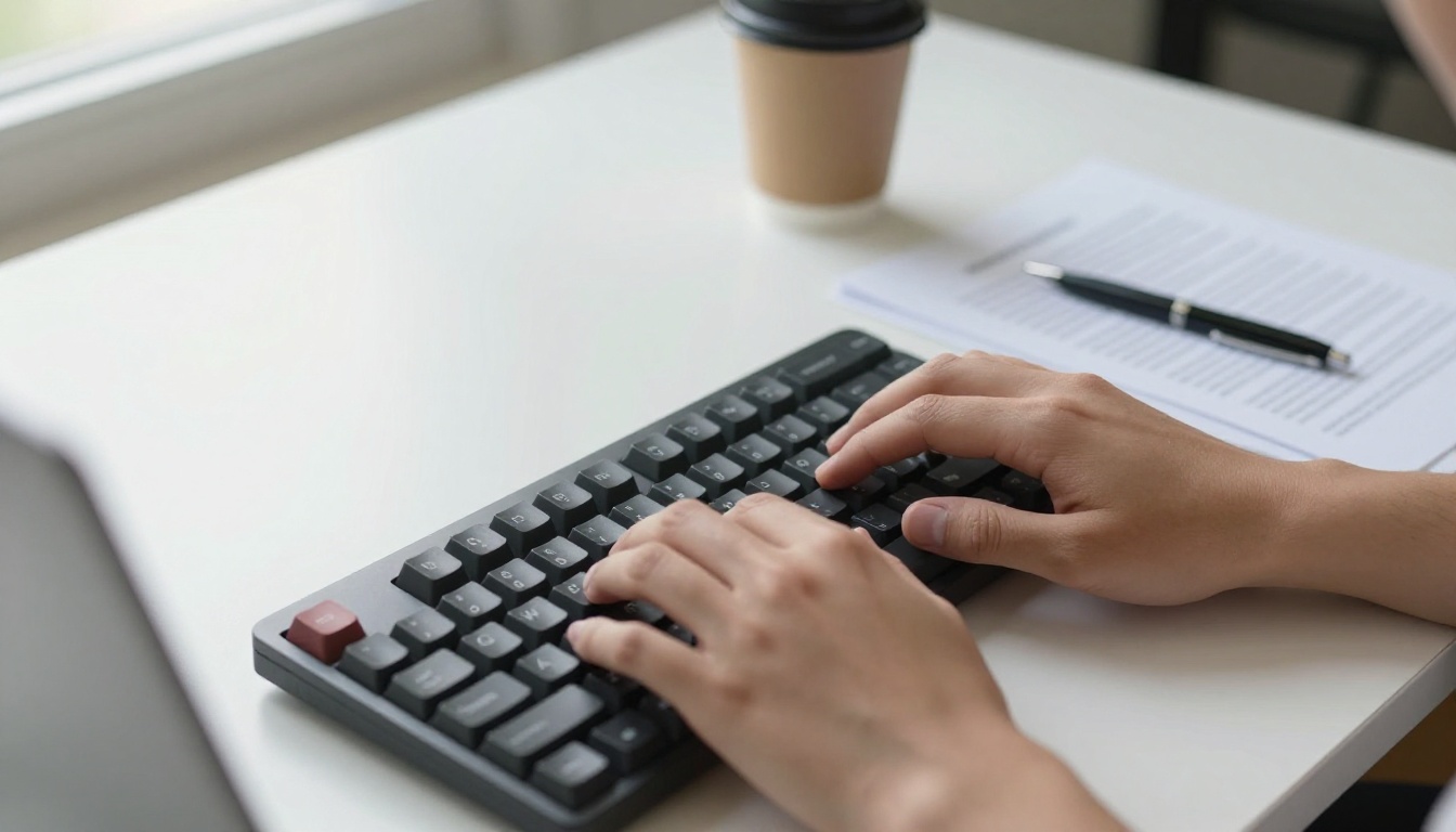 Close-up overhead shot of hands typing on keyboard with printed transcript beside laptop