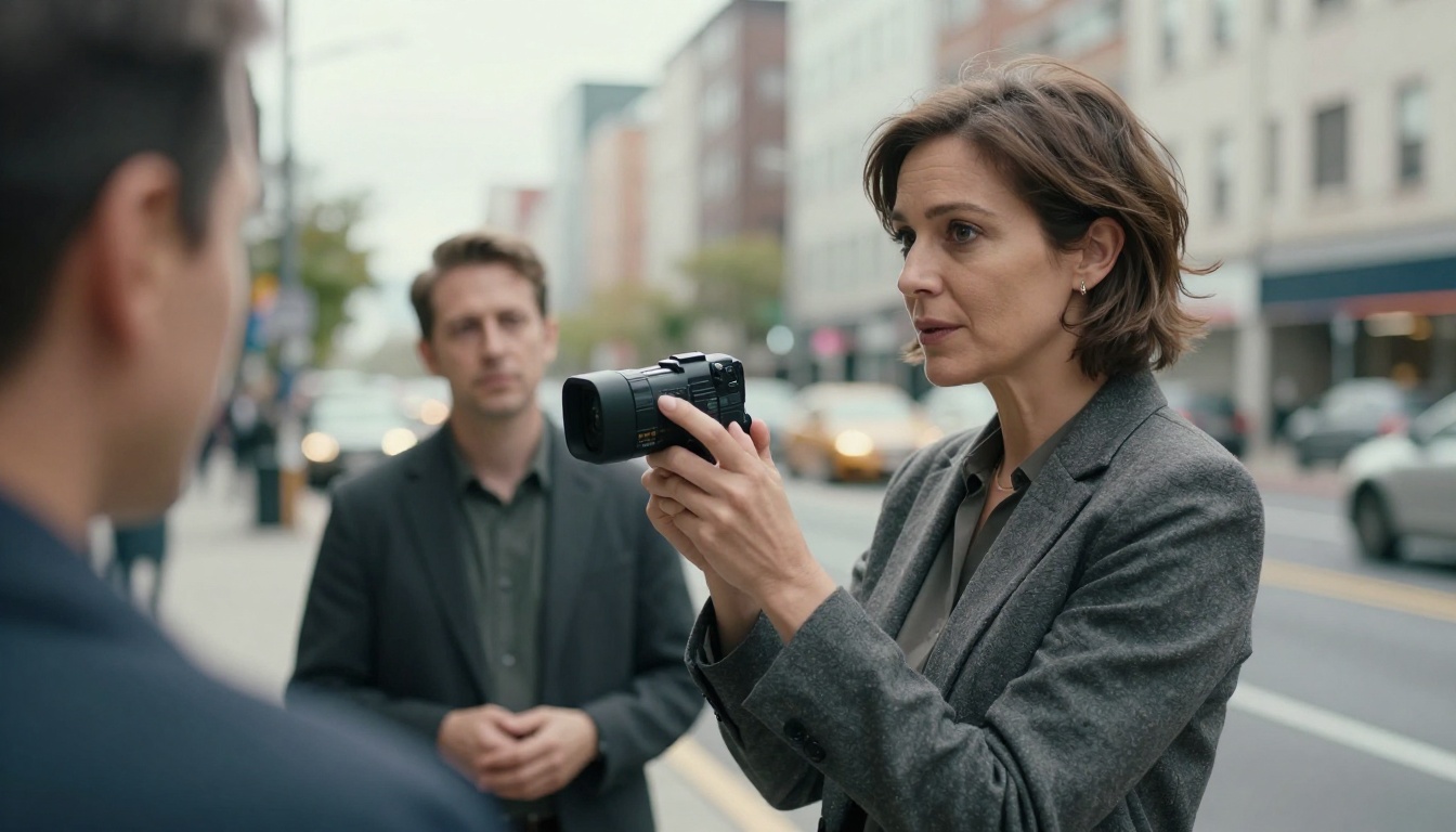 Television journalist holding recorder toward interview subject in urban outdoor setting Television journalist holding recorder toward interview subject in urban outdoor setting