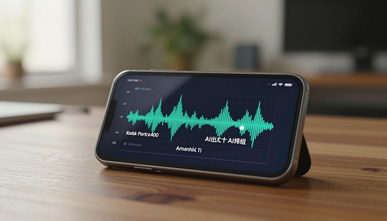 Smartphone on wooden desk showing audio waveform on one half and AI transcript on the other Smartphone on wooden desk showing audio waveform on one half and AI transcript on the other