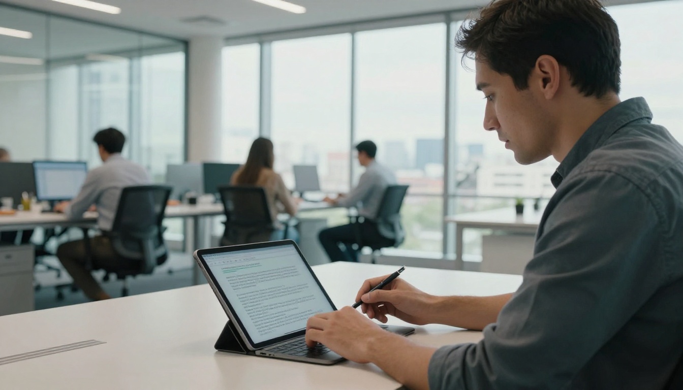 Professional man dictating into tablet in bright open-plan modern office with glass walls Professional man dictating into tablet in bright open-plan modern office with glass walls