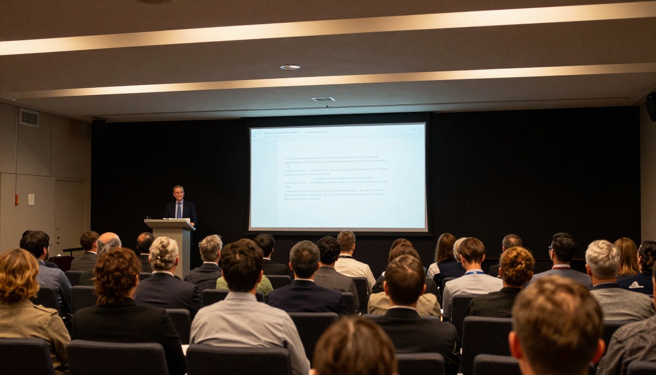 Large conference room with presenter at front, projected screen showing closed captions at bottom Large conference room with presenter at front, projected screen showing closed captions at bottom