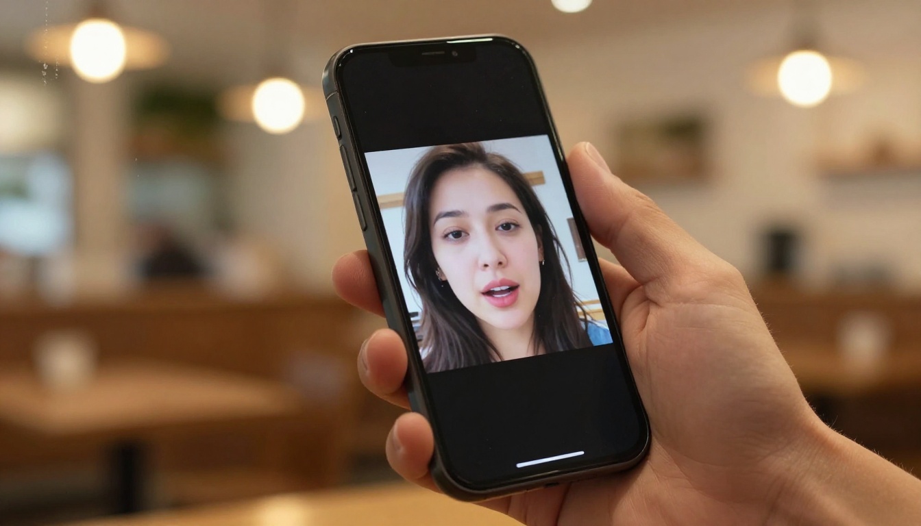 AI lipsync short video creator holding smartphone in coffee shop AI lipsync short video creator holding smartphone in coffee shop