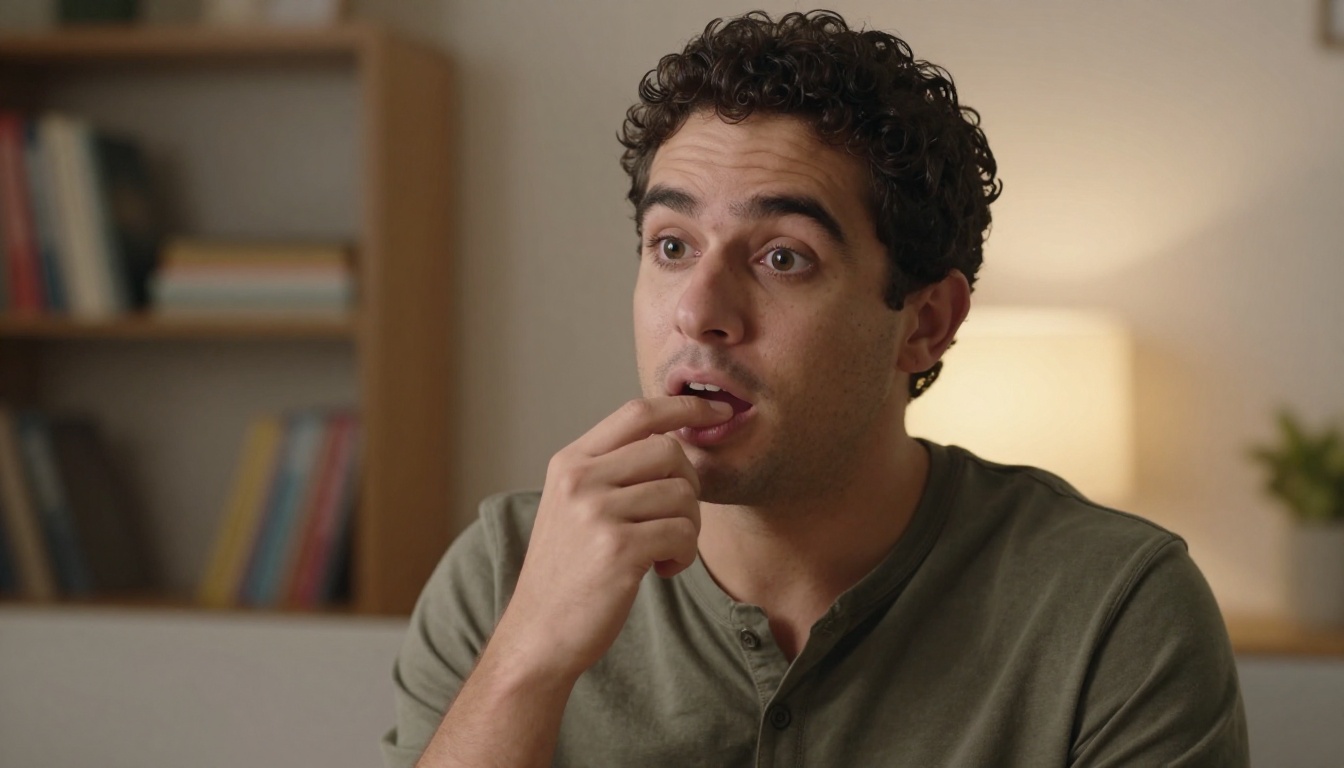 Male content creator mid-word recording short video at home Male content creator mid-word recording short video at home