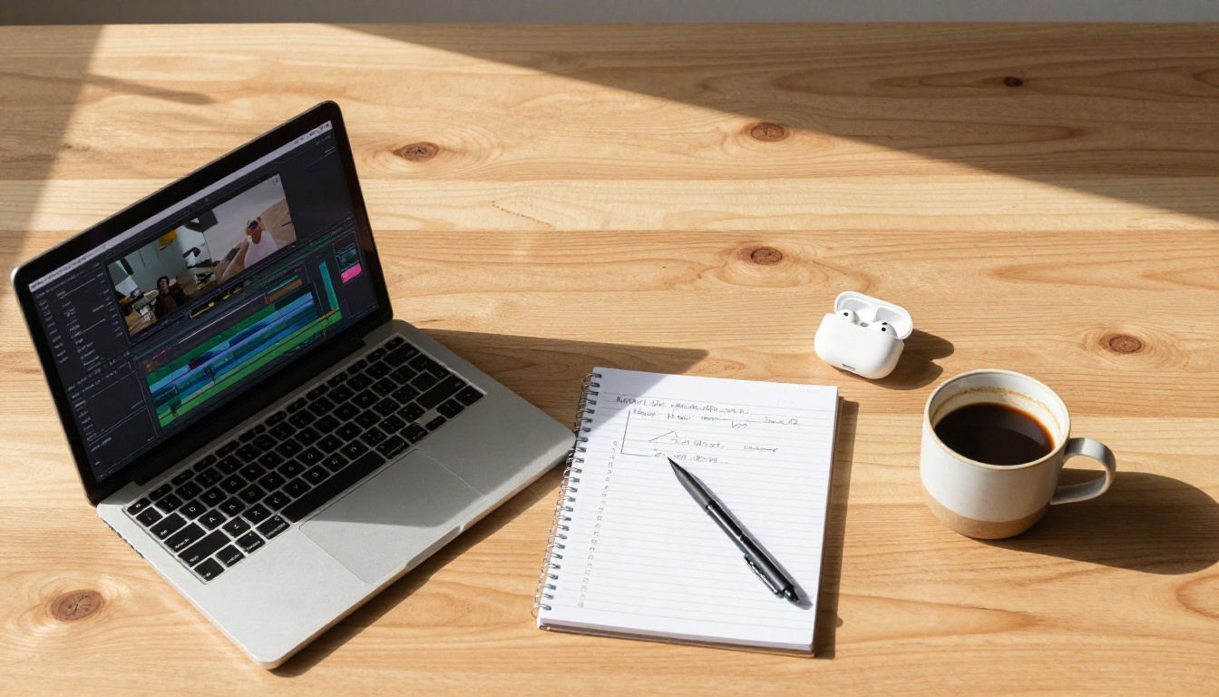Content creator workspace flat lay aerial view laptop notebook and coffee Content creator workspace flat lay aerial view laptop notebook and coffee