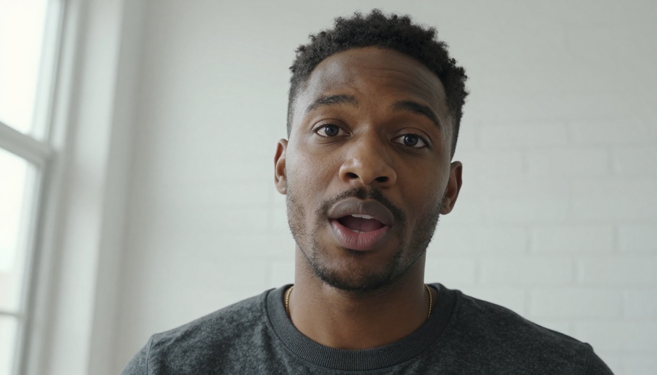 Close-up low angle Black man speaking to camera with confidence Close-up low angle Black man speaking to camera with confidence