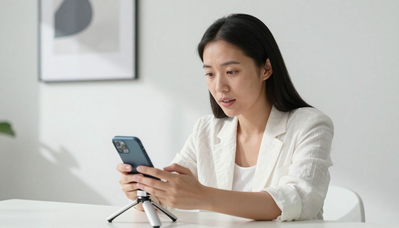 Asian woman speaking to smartphone on minimalist white desk