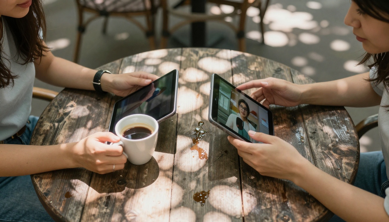 Two women watching video on tablet at outdoor café weathered wood table
