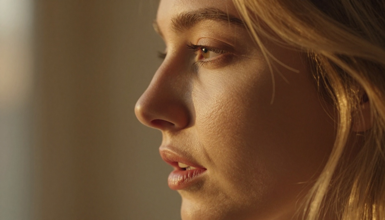 Side profile close-up woman lips parted speaking warm golden evening light