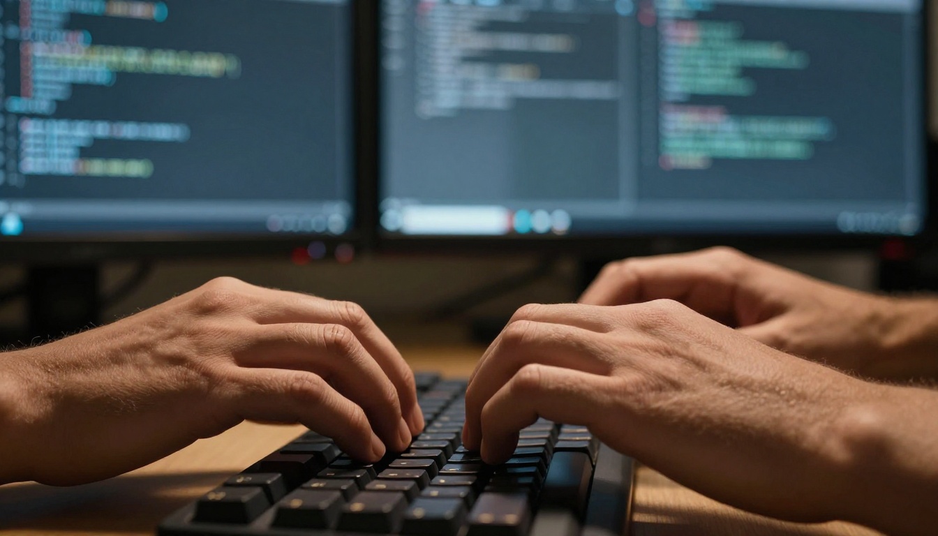 Developer hands typing on mechanical keyboard with code monitors in background Developer hands typing on mechanical keyboard with code monitors in background