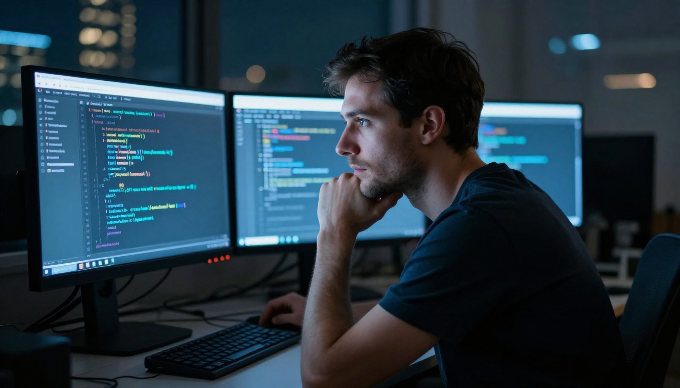 Developer at dual monitor setup at night, face lit by code on screens Developer at dual monitor setup at night, face lit by code on screens