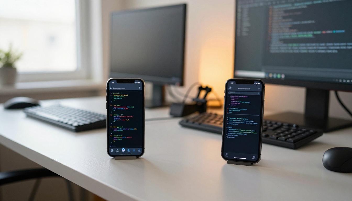 Two smartphones side by side on a desk stand showing AI chat interfaces with code snippets Two smartphones side by side on a desk stand showing AI chat interfaces with code snippets