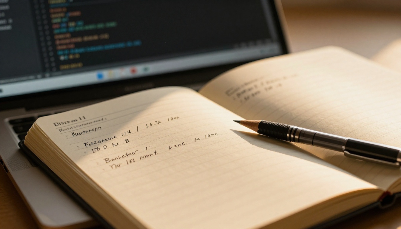 Notebook with handwritten benchmark data and mechanical pencil, laptop in background bokeh Notebook with handwritten benchmark data and mechanical pencil, laptop in background bokeh