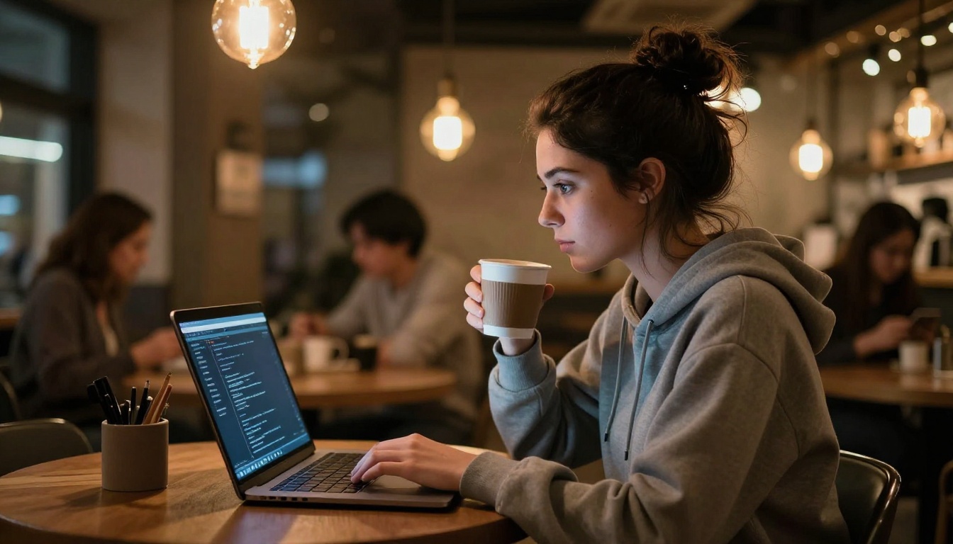 Female developer in a coffee shop at night, warm Edison bulb lighting and laptop glow Female developer in a coffee shop at night, warm Edison bulb lighting and laptop glow