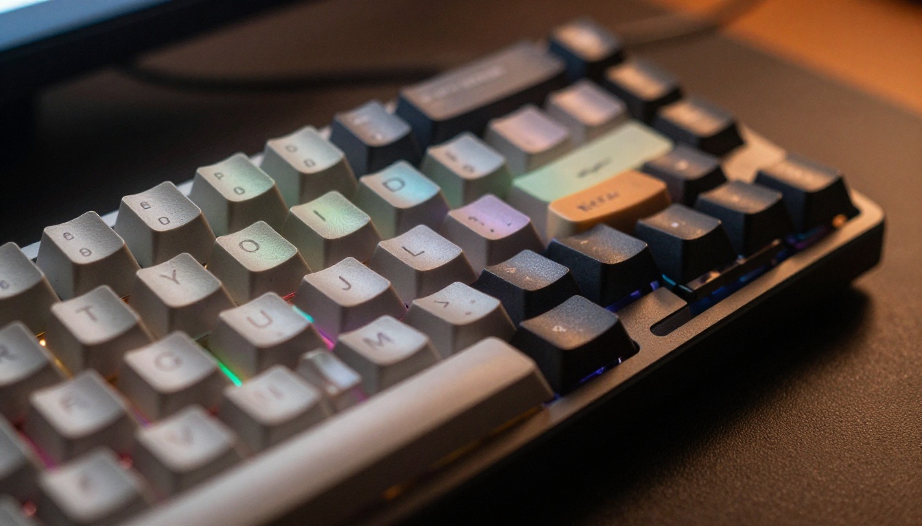 Close-up side profile of mechanical keyboard, monitor light reflecting off keycaps Close-up side profile of mechanical keyboard, monitor light reflecting off keycaps