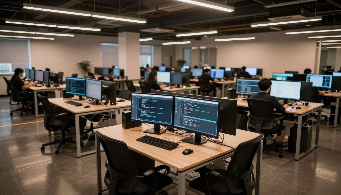 Modern tech office with rows of developer workstations and multiple glowing monitors Modern tech office with rows of developer workstations and multiple glowing monitors