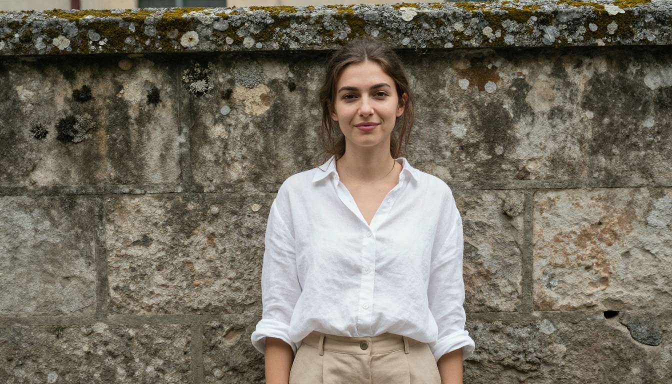 Woman full-body portrait outdoors against stone wall
