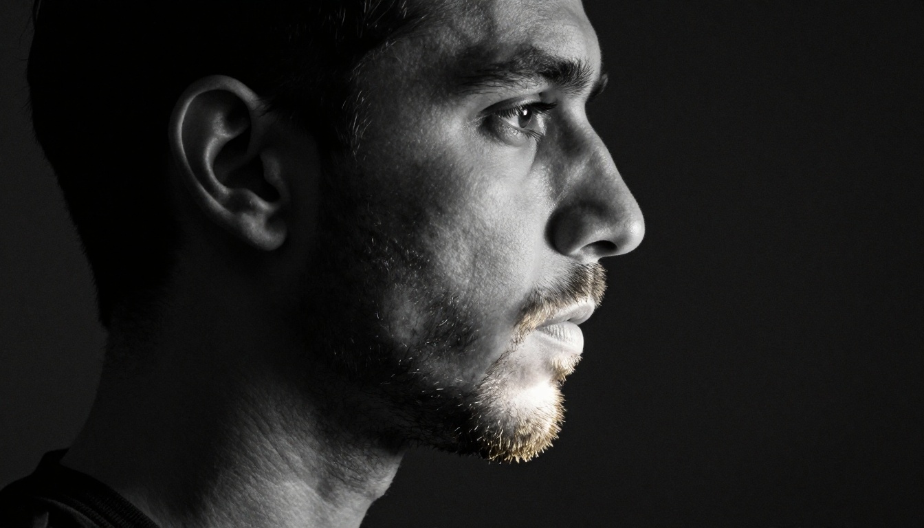 Side profile portrait dramatic chiaroscuro lighting