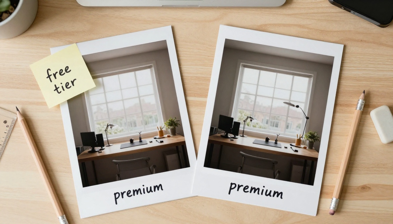 Flat lay comparison of free-tier versus premium AI art output quality Flat lay comparison of free-tier versus premium AI art output quality