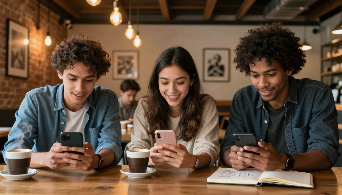 Group of people sharing and discussing AI-generated art at a coffee shop Group of people sharing and discussing AI-generated art at a coffee shop