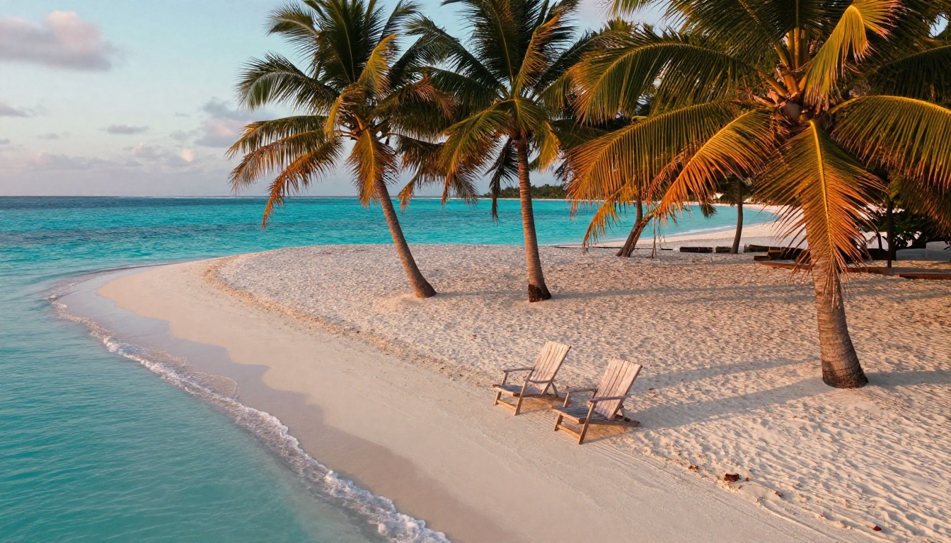 Aerial photorealistic tropical beach scene at golden hour