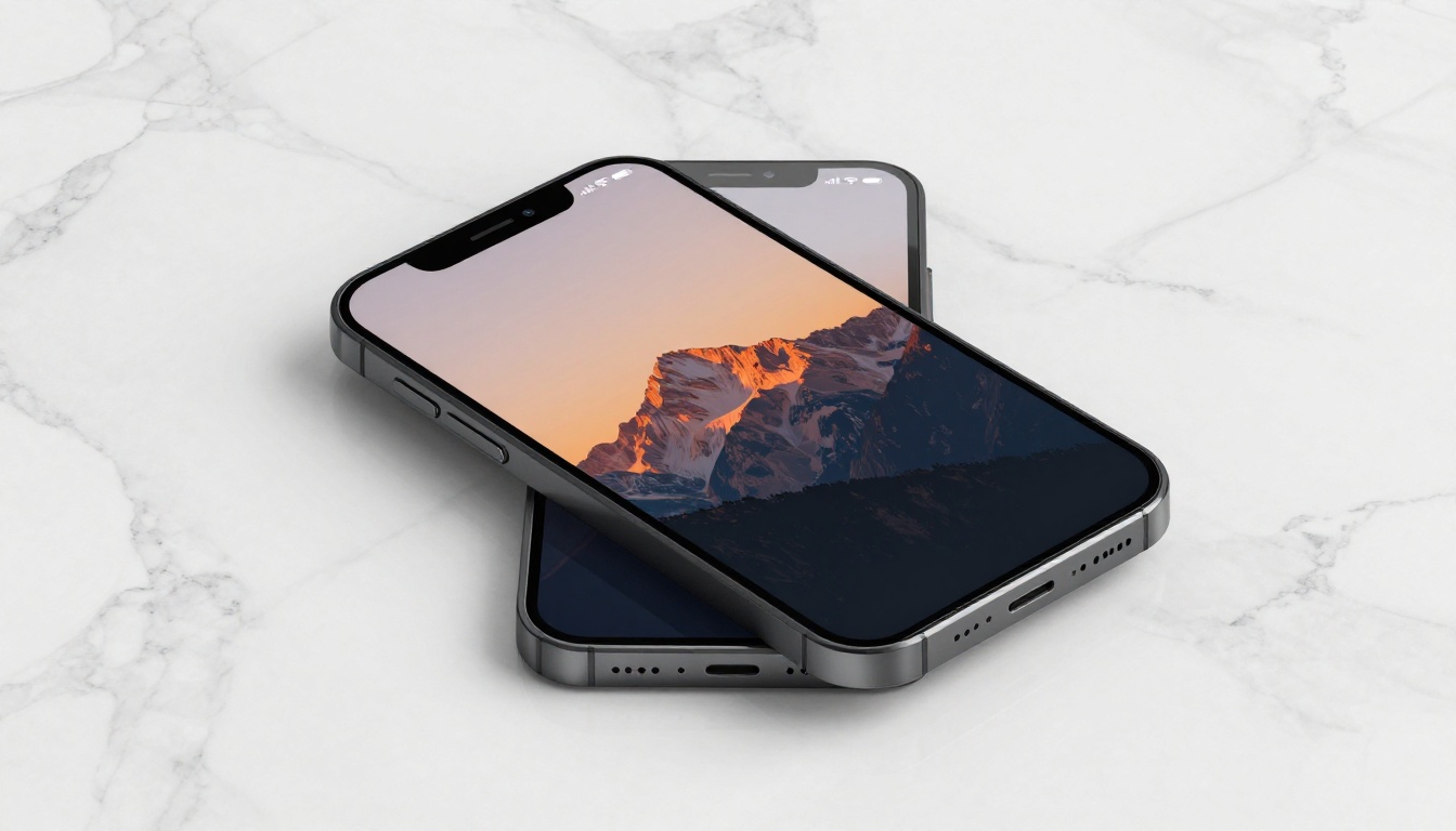 Photorealistic product photograph of smartphone on white marble surface