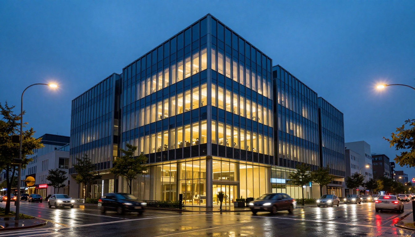 Photorealistic architectural building exterior at blue hour with wet pavement