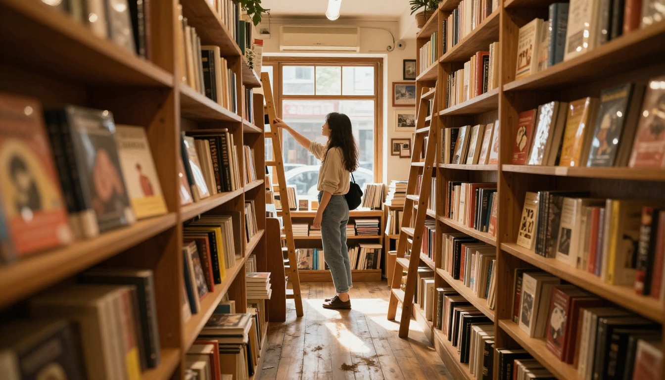 Young woman browsing illustrated book covers in a cozy independent bookstore, golden afternoon light filtering through front windows, warm wooden shelves Young woman browsing illustrated book covers in a cozy independent bookstore, golden afternoon light filtering through front windows, warm wooden shelves