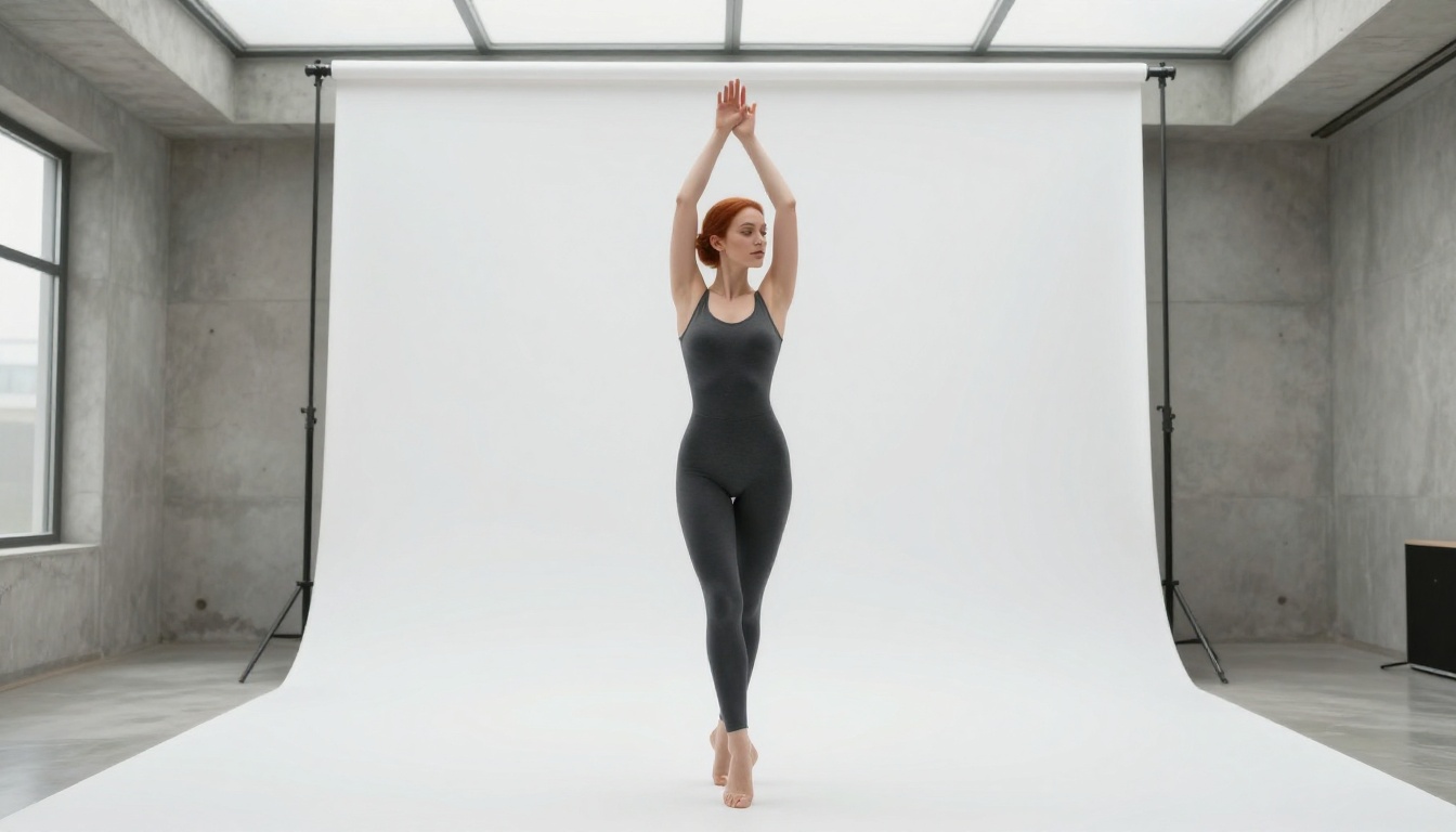 Wide studio shot of red-haired woman in charcoal bodysuit on white seamless backdrop Wide studio shot of red-haired woman in charcoal bodysuit on white seamless backdrop