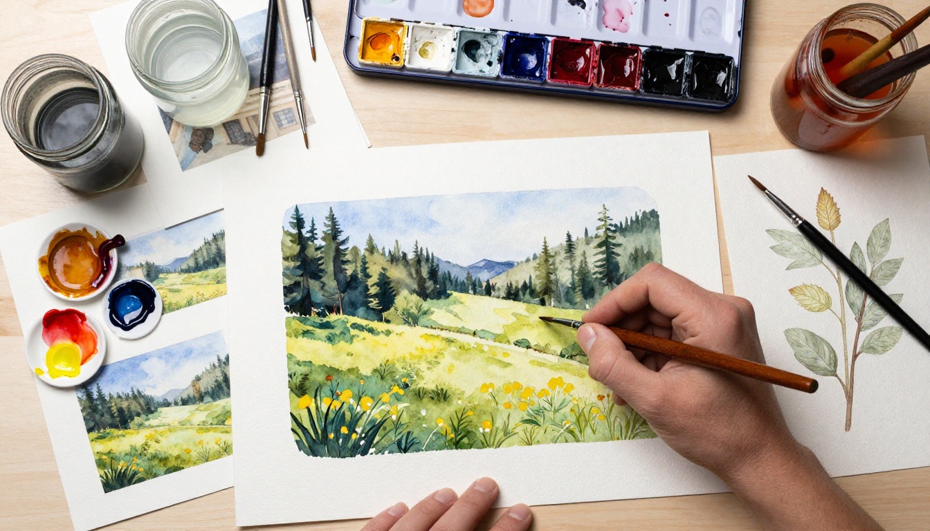 Overhead view of a watercolor artist's workspace with pigments, fine brushes, reference prints of book covers, and botanical illustration in progress on handmade paper Overhead view of a watercolor artist's workspace with pigments, fine brushes, reference prints of book covers, and botanical illustration in progress on handmade paper