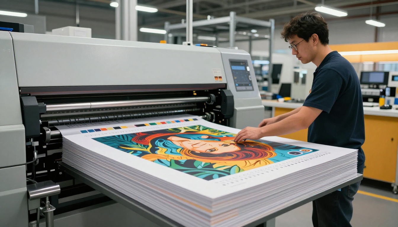 Publishing professional standing at a large-format print machine outputting a vivid illustrated book cover in an industrial production facility Publishing professional standing at a large-format print machine outputting a vivid illustrated book cover in an industrial production facility