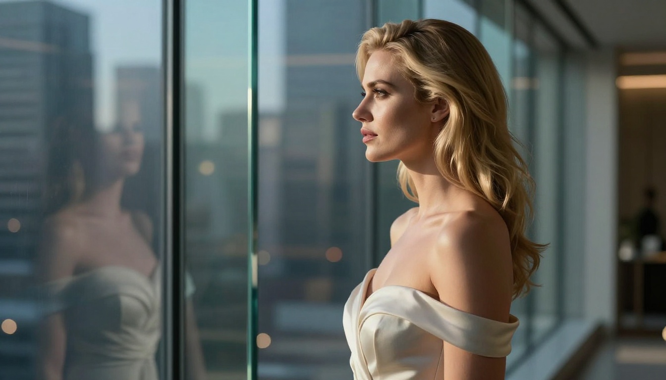 Side-profile penthouse portrait with frosted glass and city bokeh behind Side-profile penthouse portrait with frosted glass and city bokeh behind