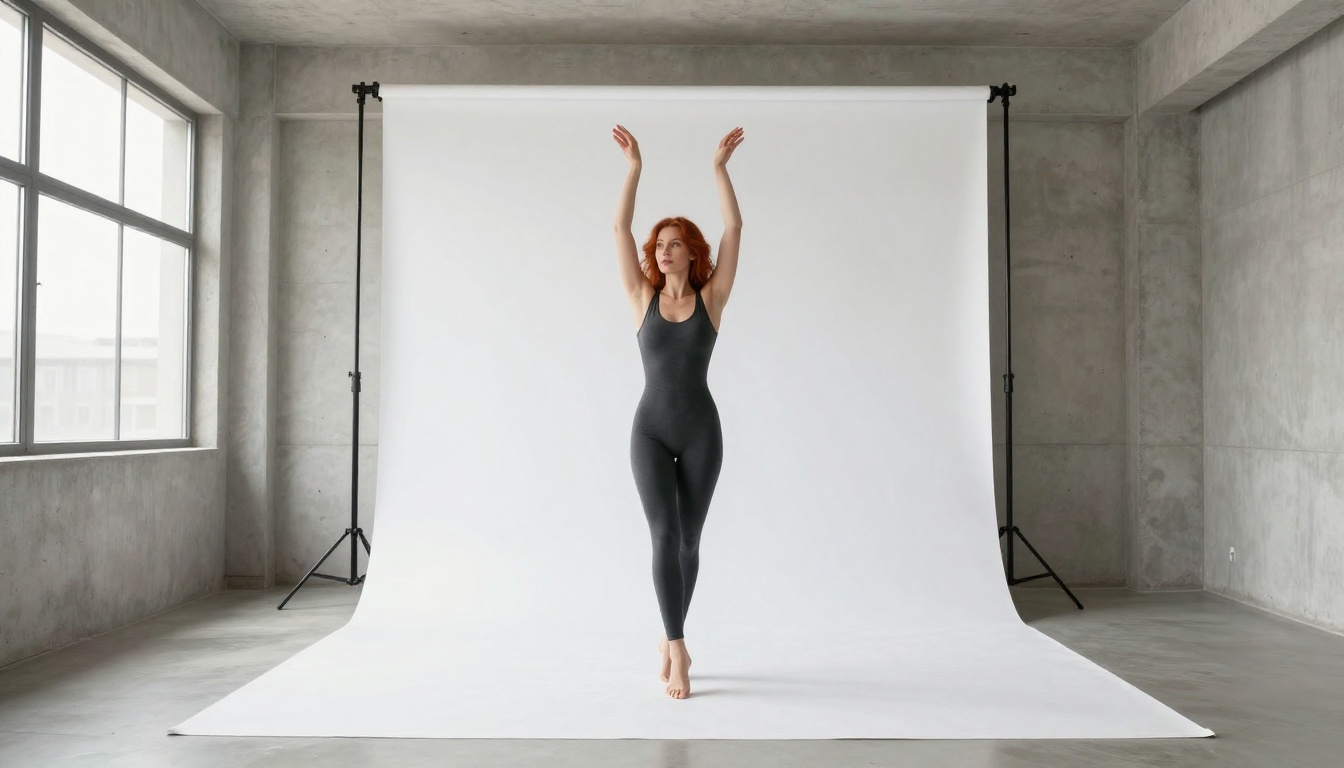 Studio photography in charcoal bodysuit, arms raised, white seamless backdrop Studio photography in charcoal bodysuit, arms raised, white seamless backdrop