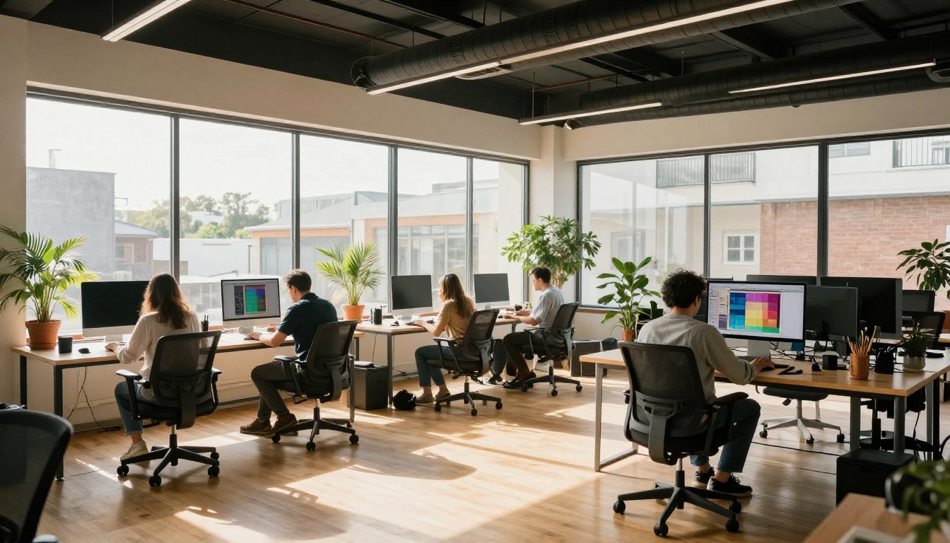 Wide shot of modern open-plan creative studio with professionals at workstations Wide shot of modern open-plan creative studio with professionals at workstations