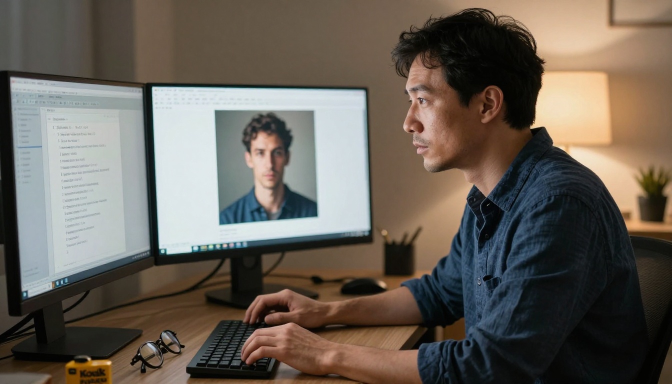 Man reviewing AI image generation results on dual monitor setup Man reviewing AI image generation results on dual monitor setup