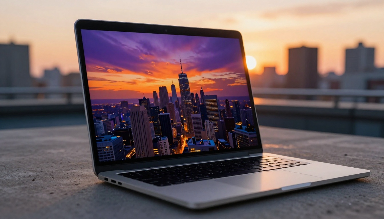 Laptop displaying AI-generated cityscape on outdoor rooftop Laptop displaying AI-generated cityscape on outdoor rooftop