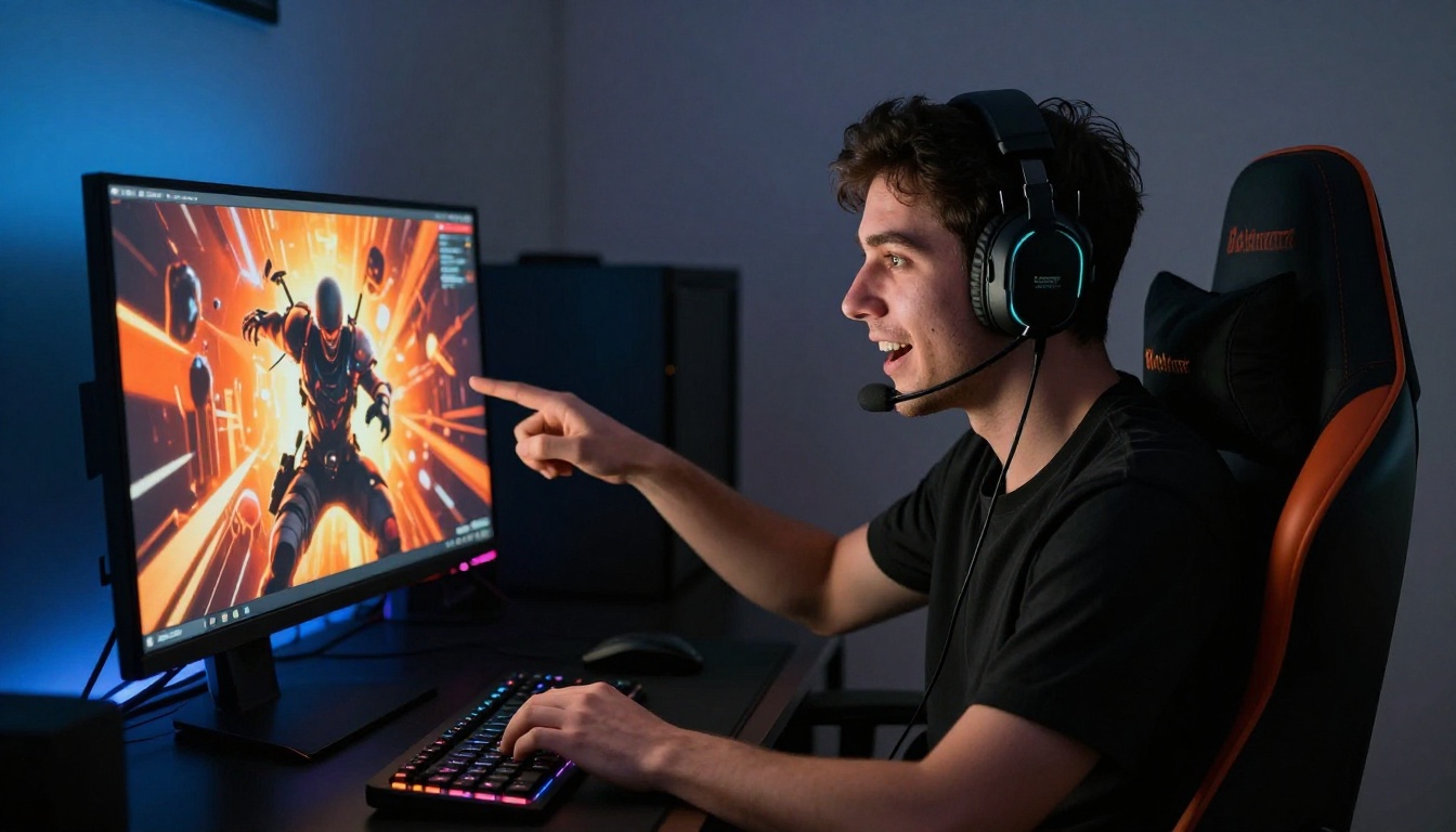 A gamer with headset pointing at a dramatic gaming thumbnail on his monitor A gamer with headset pointing at a dramatic gaming thumbnail on his monitor