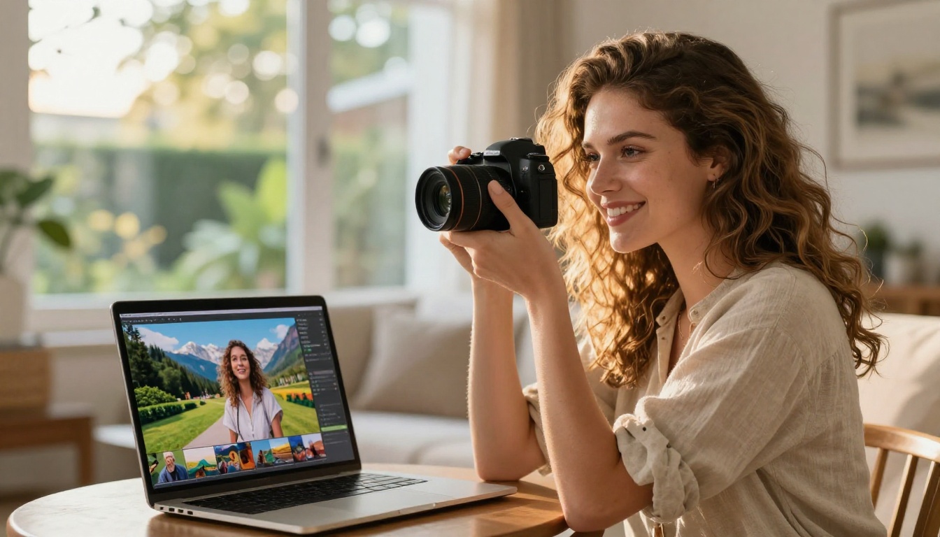 A lifestyle vlogger smiling at a laptop showing a colorful travel thumbnail A lifestyle vlogger smiling at a laptop showing a colorful travel thumbnail